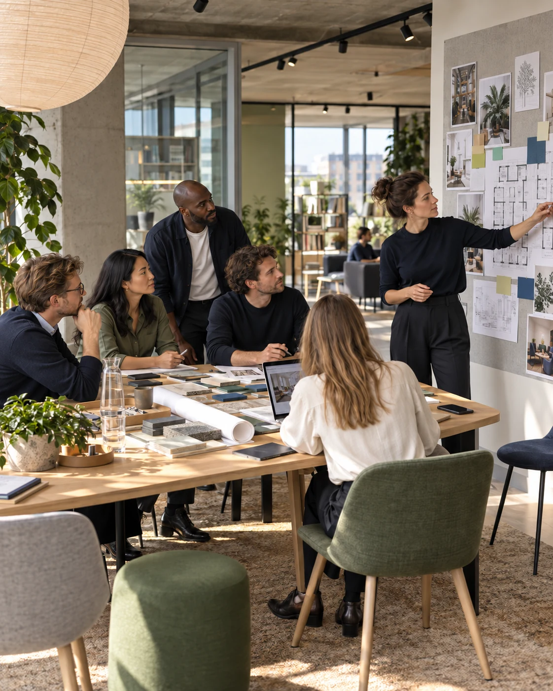 Equipo internacional de consultoría diseñando nuevas formas de trabajo y espacios laborales